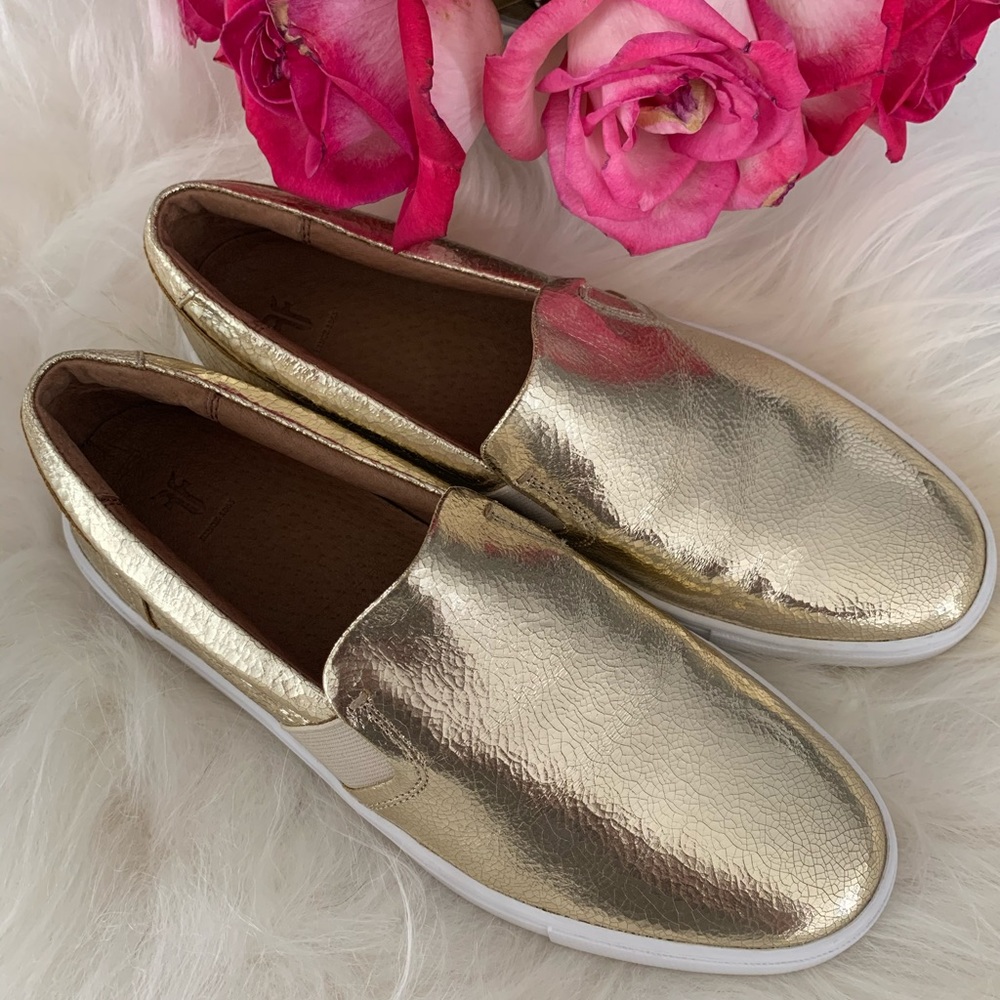 Frye Gold Leather Slip Ons